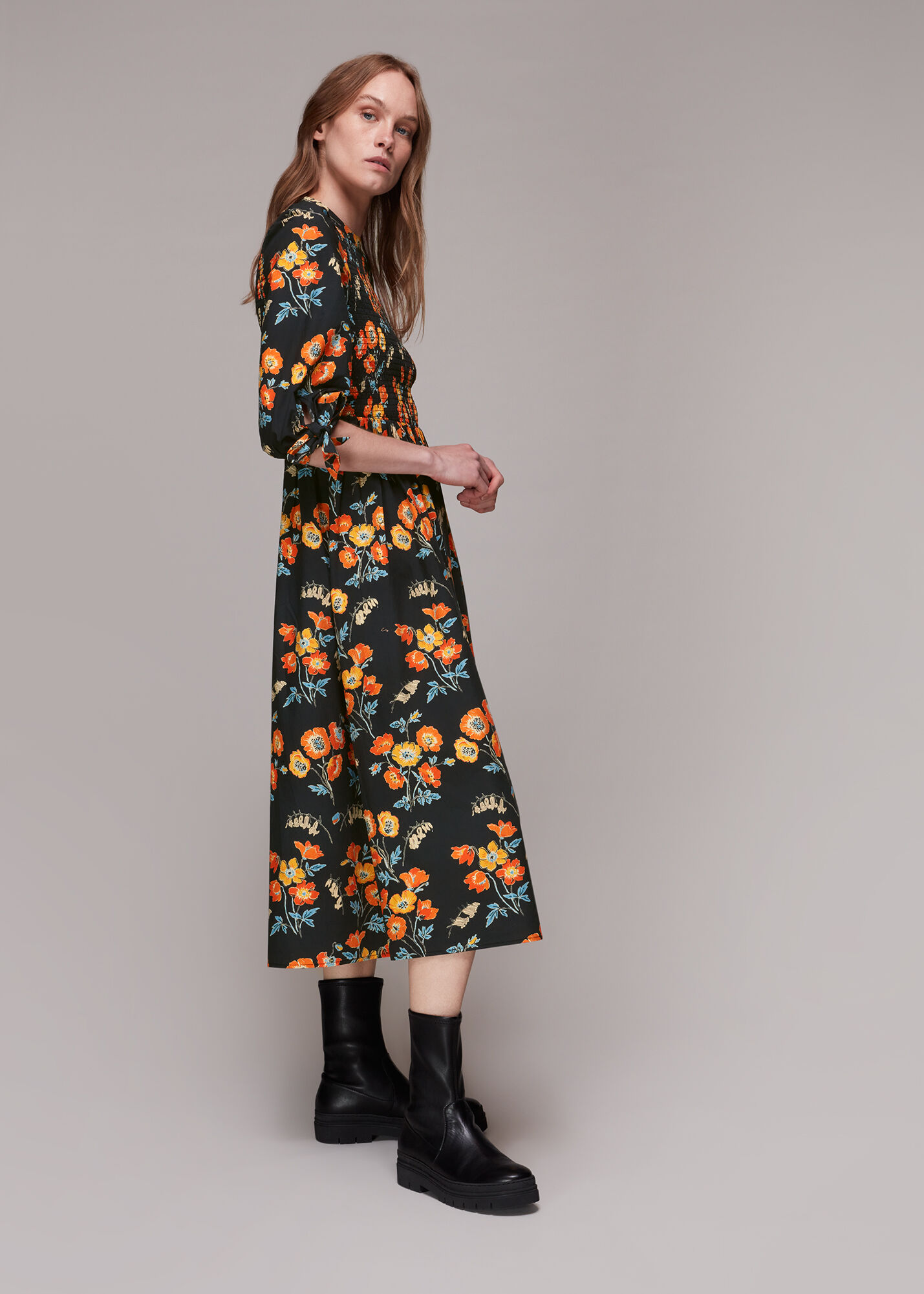 Black/Multi Shirred Floral Midi Dress ...